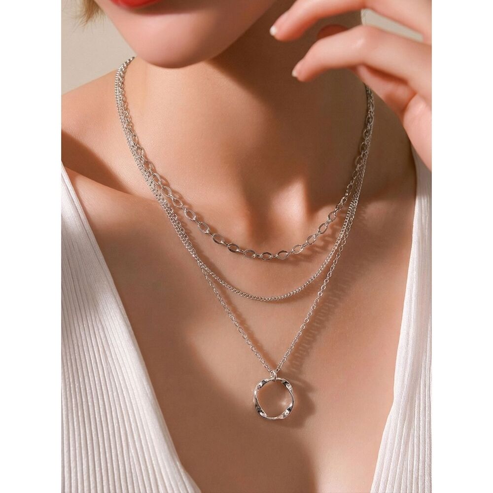 Multi-Layer Necklace Stacking Choker Twisted Circle Pendant Stainless Steel Chic